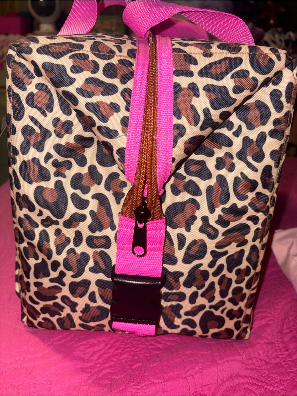 Buc-ees Leopard Print Cooler Bag with Hot Pink Accents